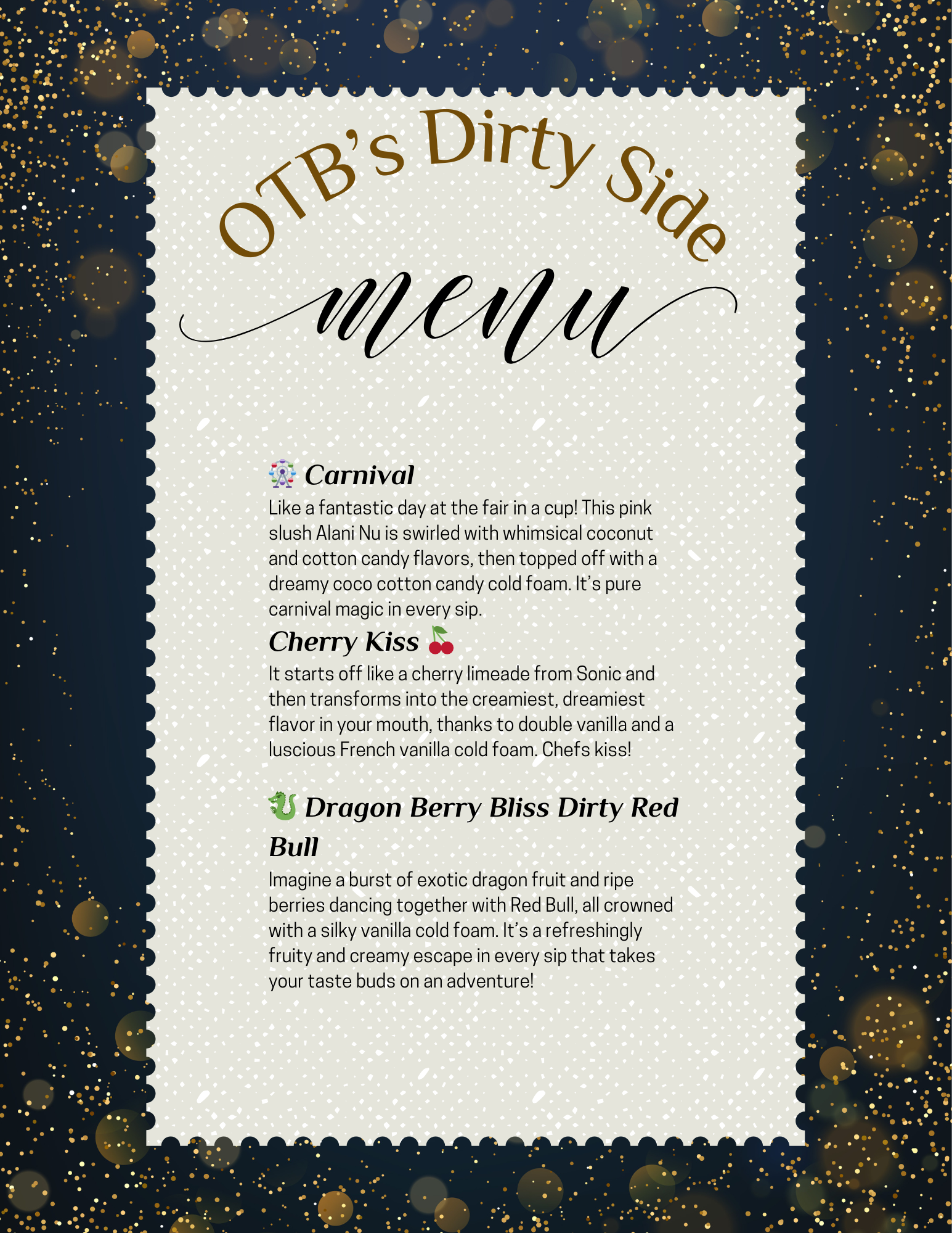 OTB's Dirty Side menu. Includes