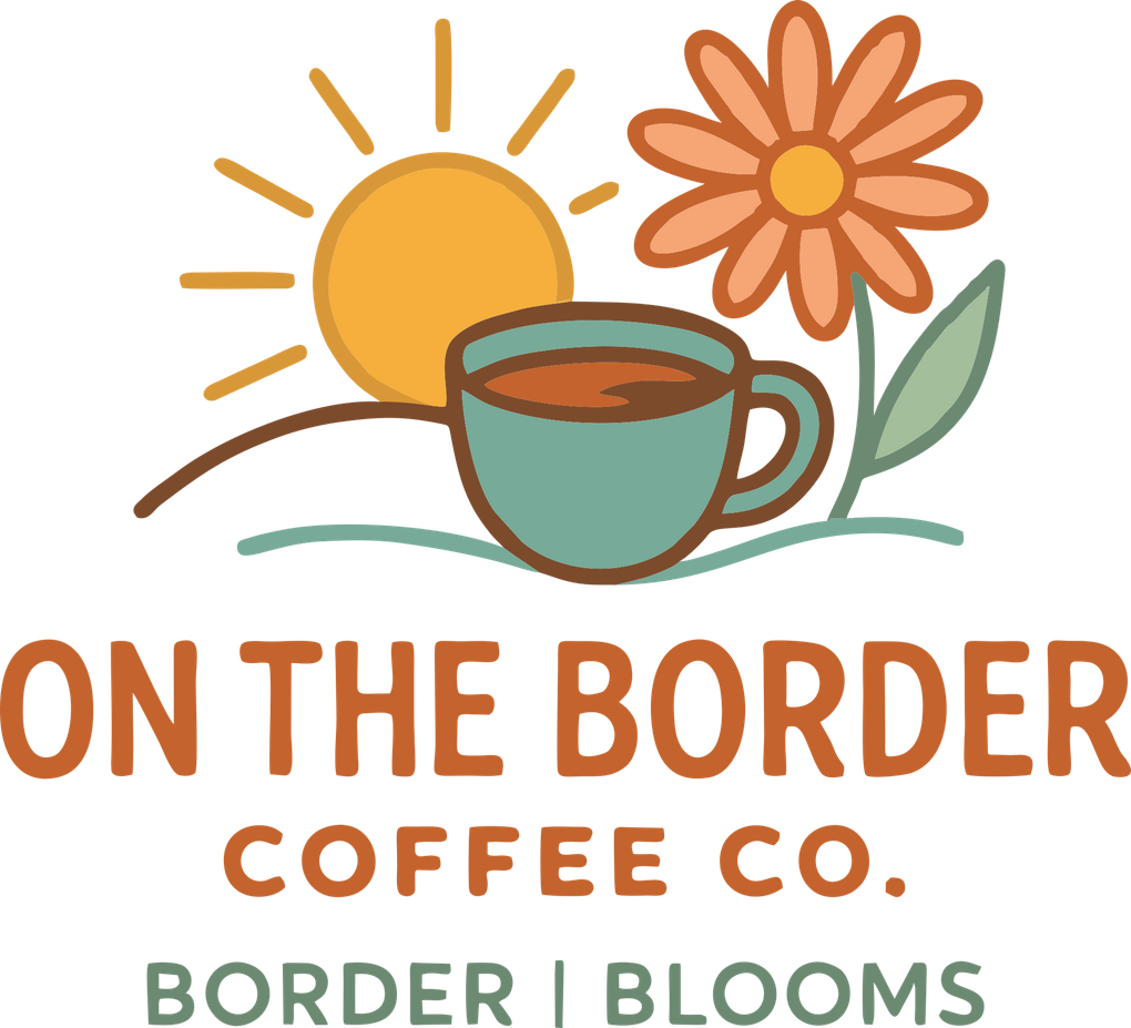Logo: Coffee cup, sun, flower. Text: