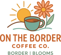Logo: Coffee cup, sun, flower. Text: