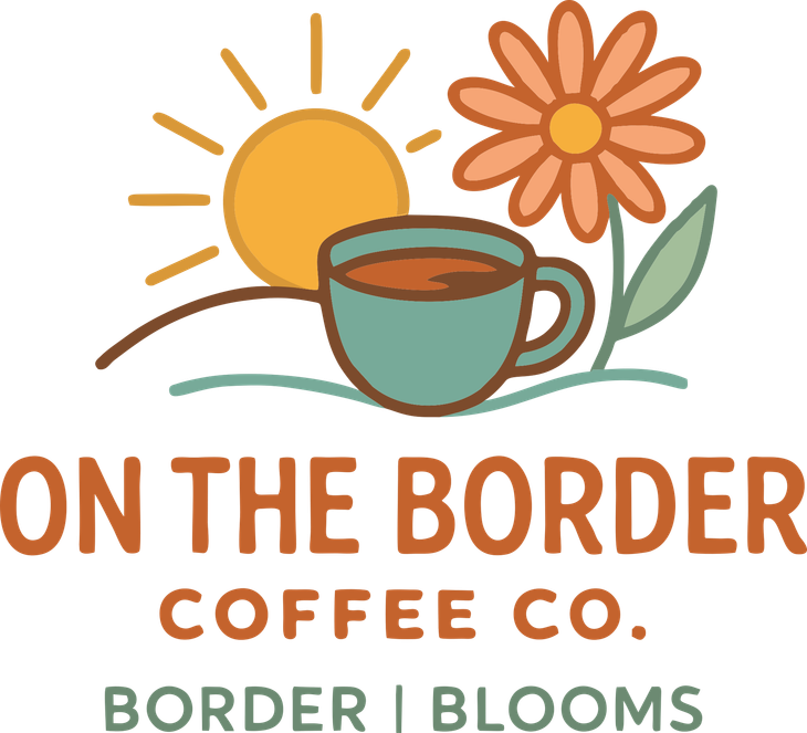 Logo: Coffee cup, sun, flower. Text: