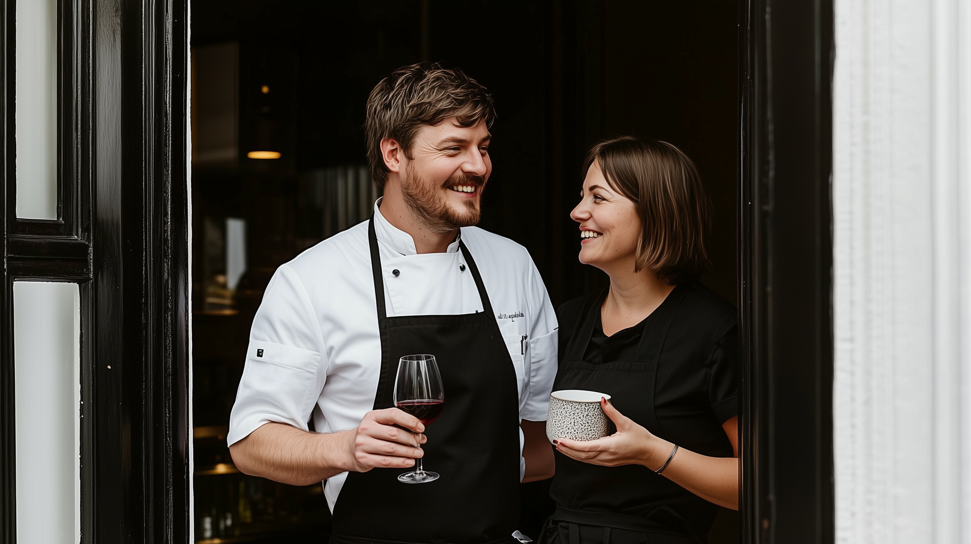 Chef and woman stand in a doorway, smiling at each other. The chef holds a wine glass.