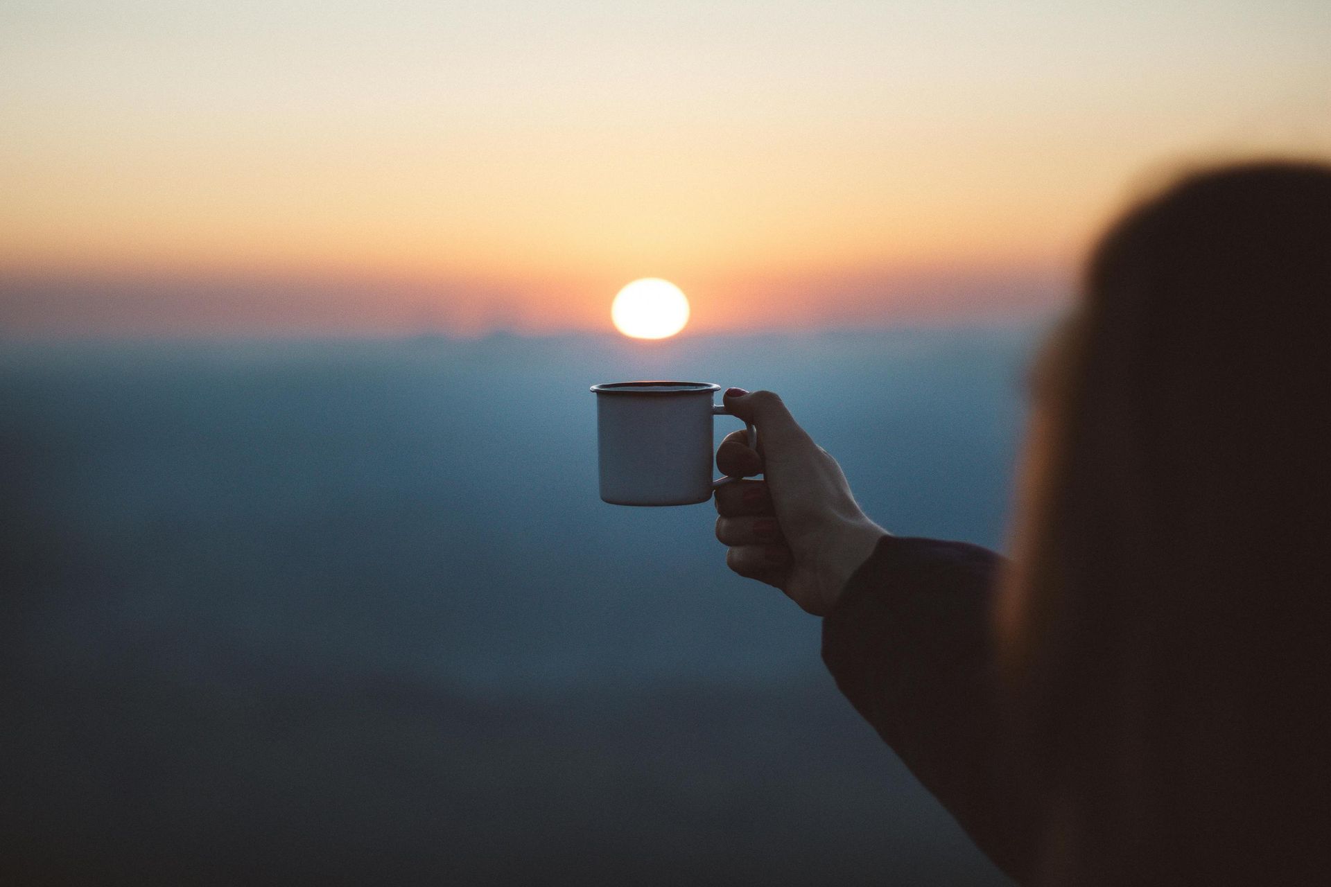 Hand holding a white mug against a sunset horizon.