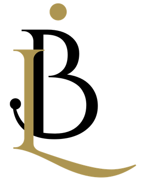 Stilisiertes schwarzes und goldenes „B“-Monogramm mit goldenem Punkt und geschwungener goldener Unterstreichung