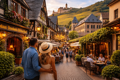 Couple strolling a cobblestone village street at sunset, with lively cafés and a hilltop castle in the background