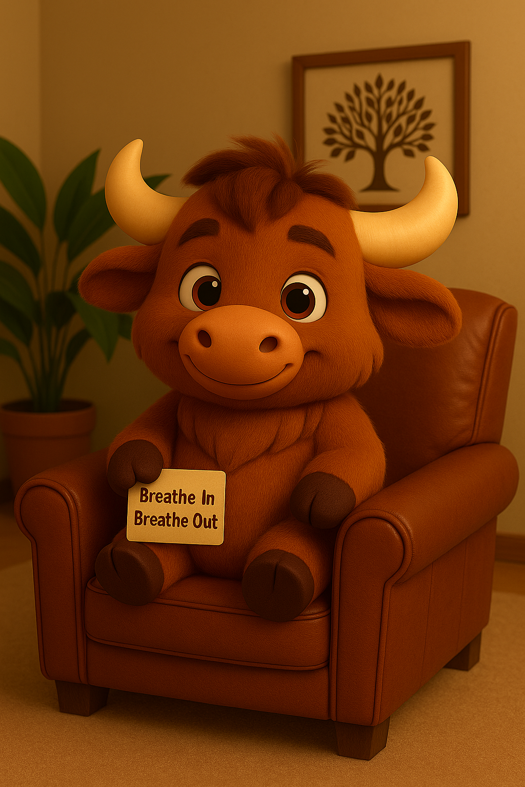 Cartoon bull in brown chair holding sign that reads, 