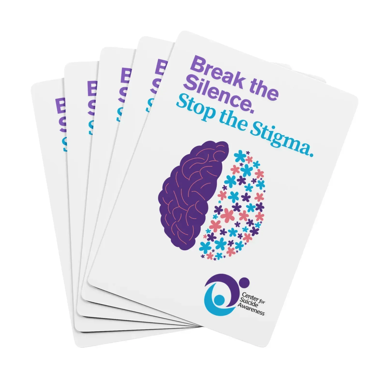 A stack of cards that say break the silence stop the stigma