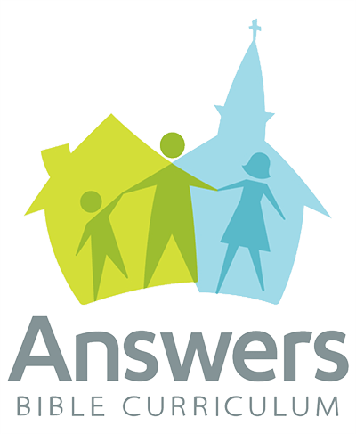 Answers Bible Curriculum Logo picturing father, mother, and child in front of an intersecting home and a church