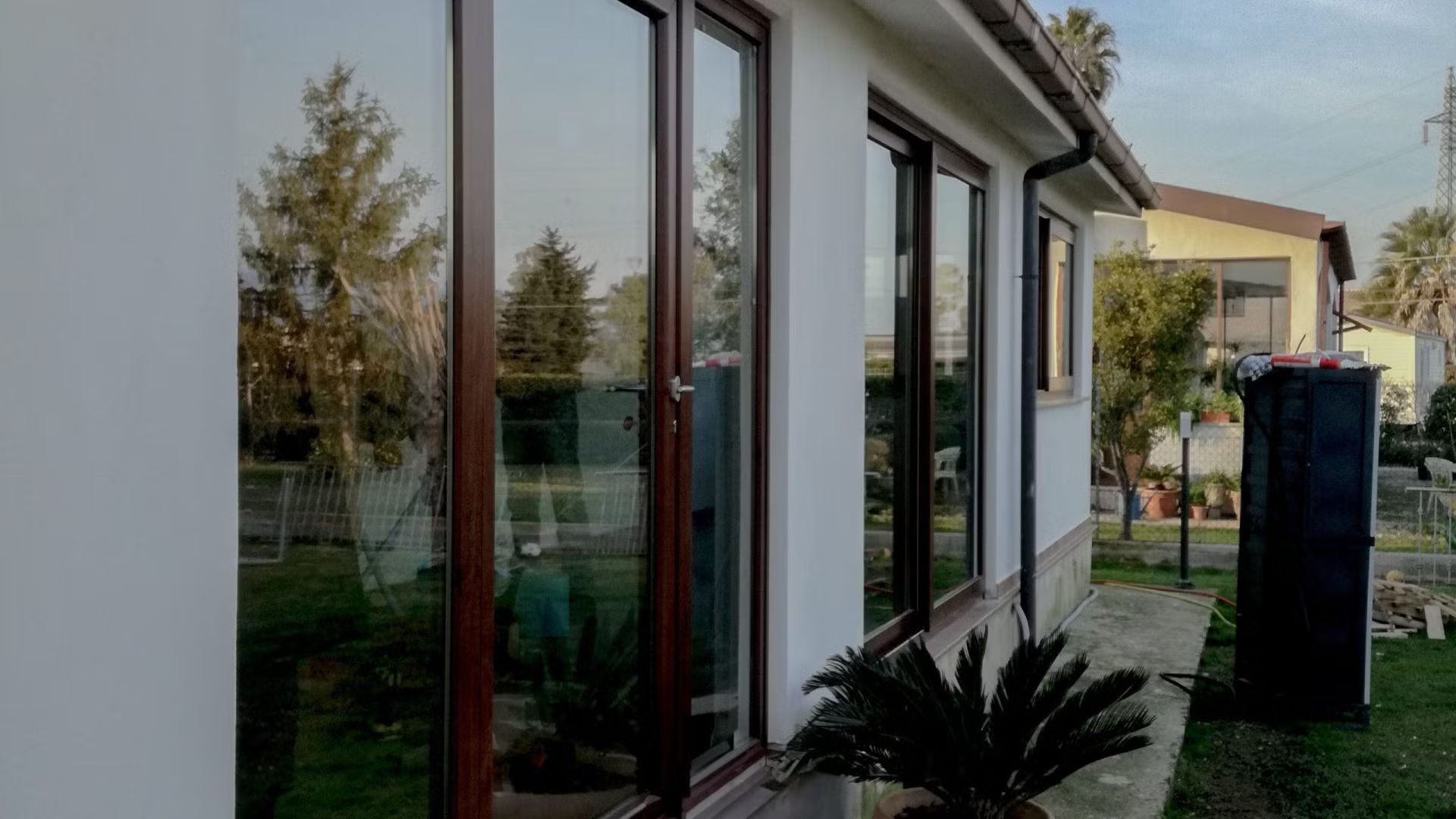 Una casa con tante finestre e una pianta davanti.