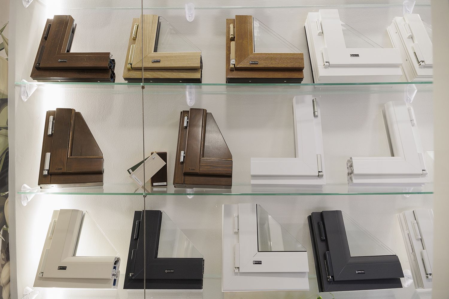 Una vetrina piena di diversi tipi di cornici per finestre