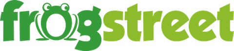 a green and white logo for Frogstreet with a frog on it