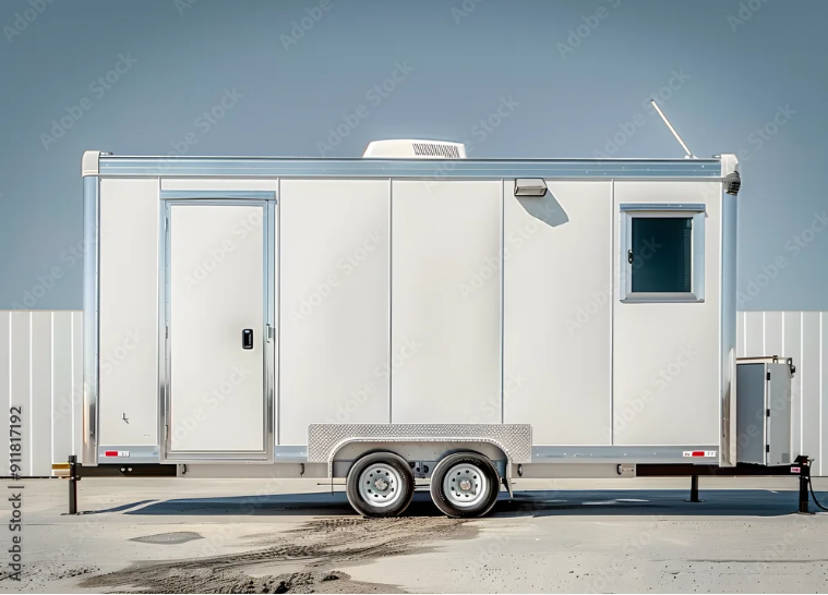White luxury bathroom trailer with door, ideal for upscale outdoor events.