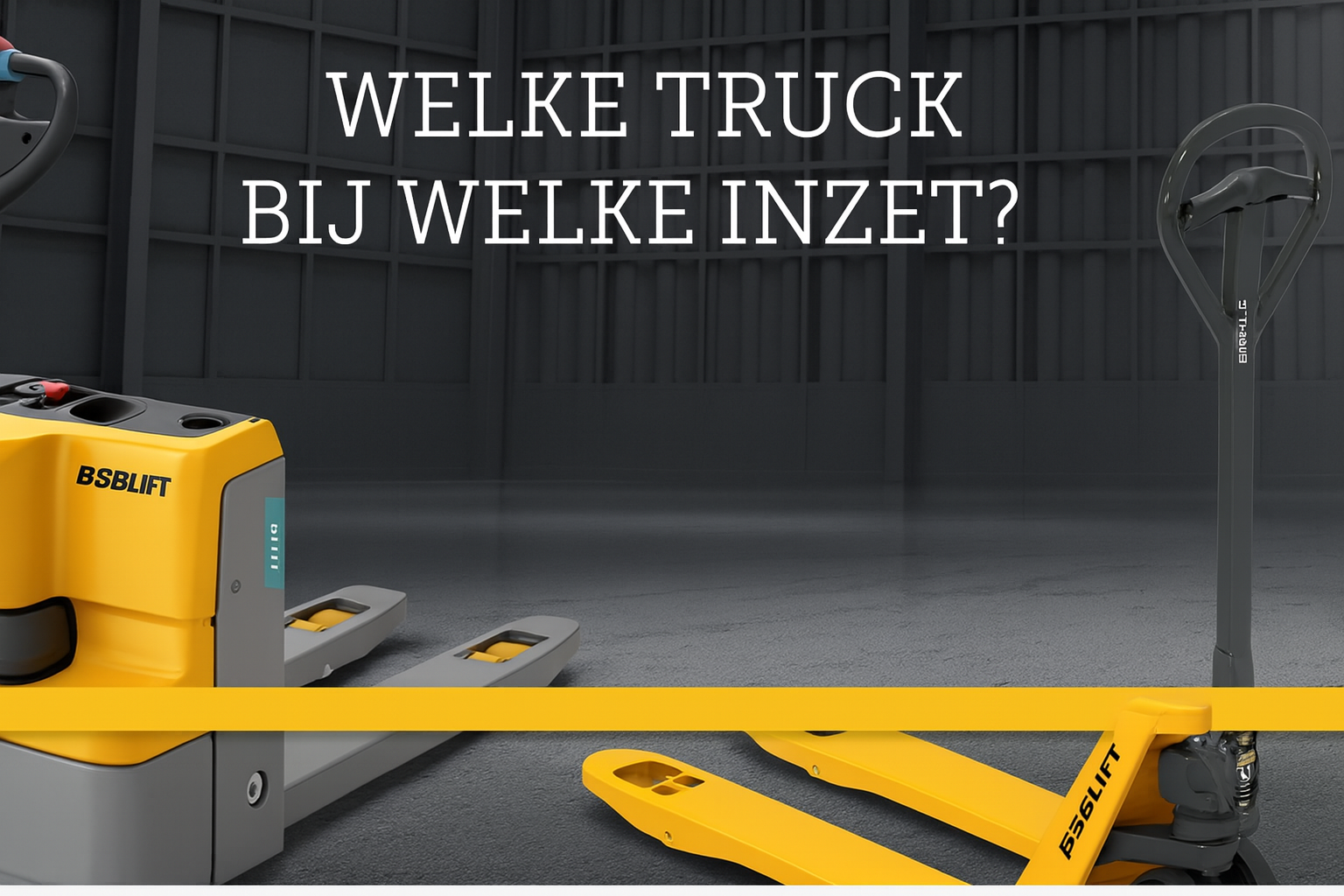Yellow and black forklift truck against a dark gray backdrop with the Dutch text, 