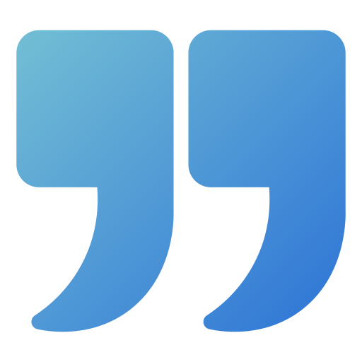 A blue gradient quote icon on a white background.