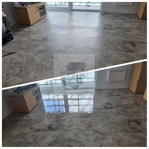 Close-up of Karndean floor after deep clean showing improved clarity and texture