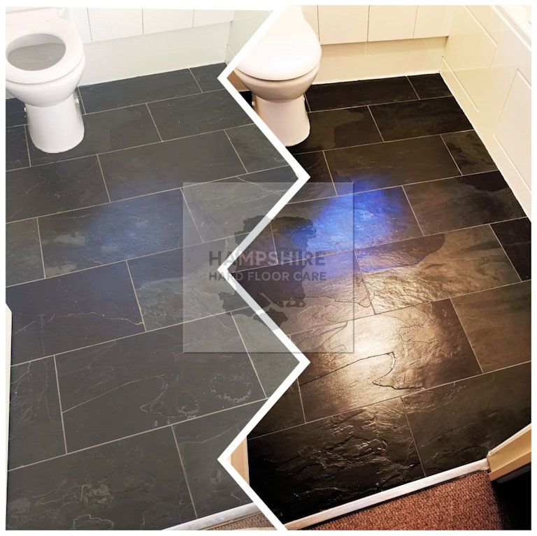 Before and after comparison of slate floor restoration and sealing