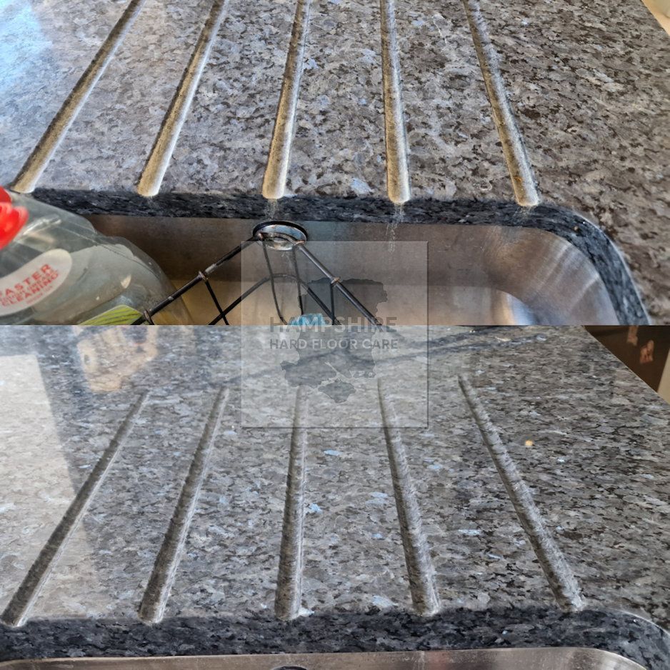 Granite countertop undergoing polishing to remove light scratches and dull spots