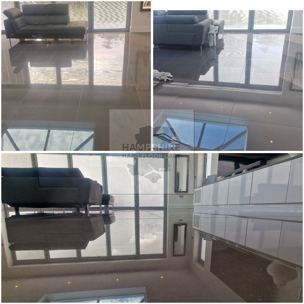 Porcelain floor restored to a bright, even finish after professional cleaning