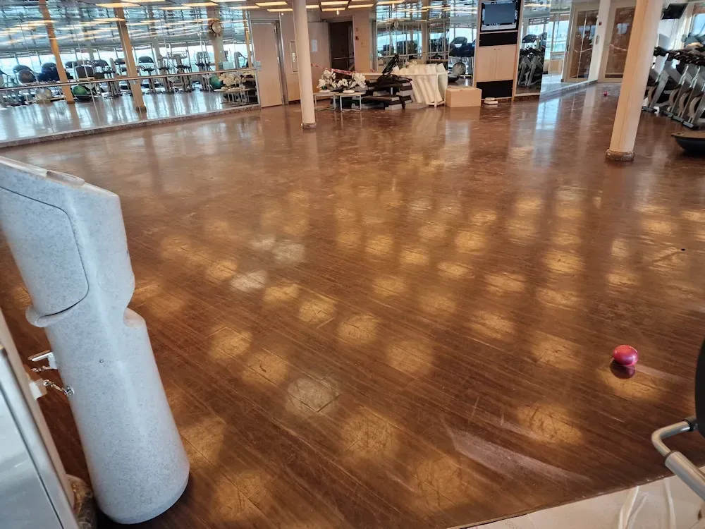 Large fitness room with wood floor and exercise equipment; a pink ball rests on the floor.