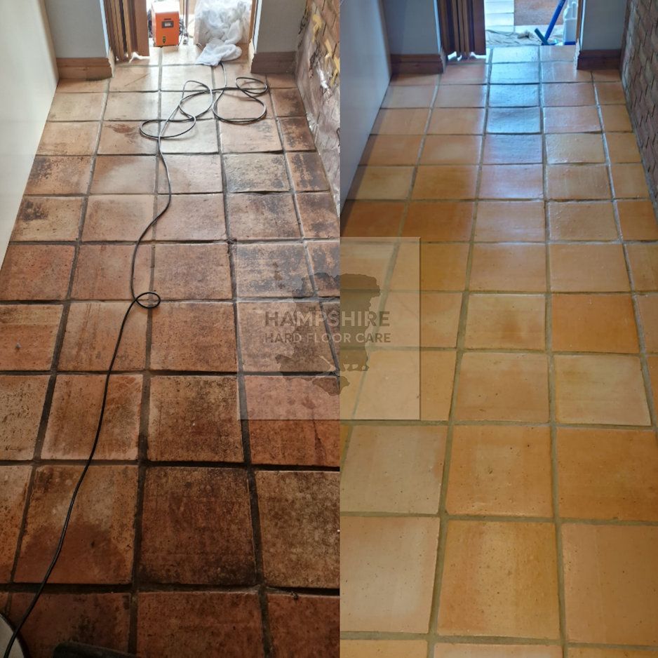 Before and after of terracotta tile floor cleaning, showing dirty tiles on the left and cleaned tiles on the right.