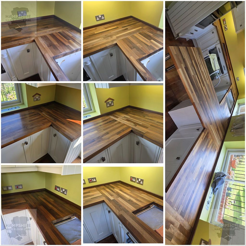 Wood worktop before restoration showing scratches, stains, and worn finish