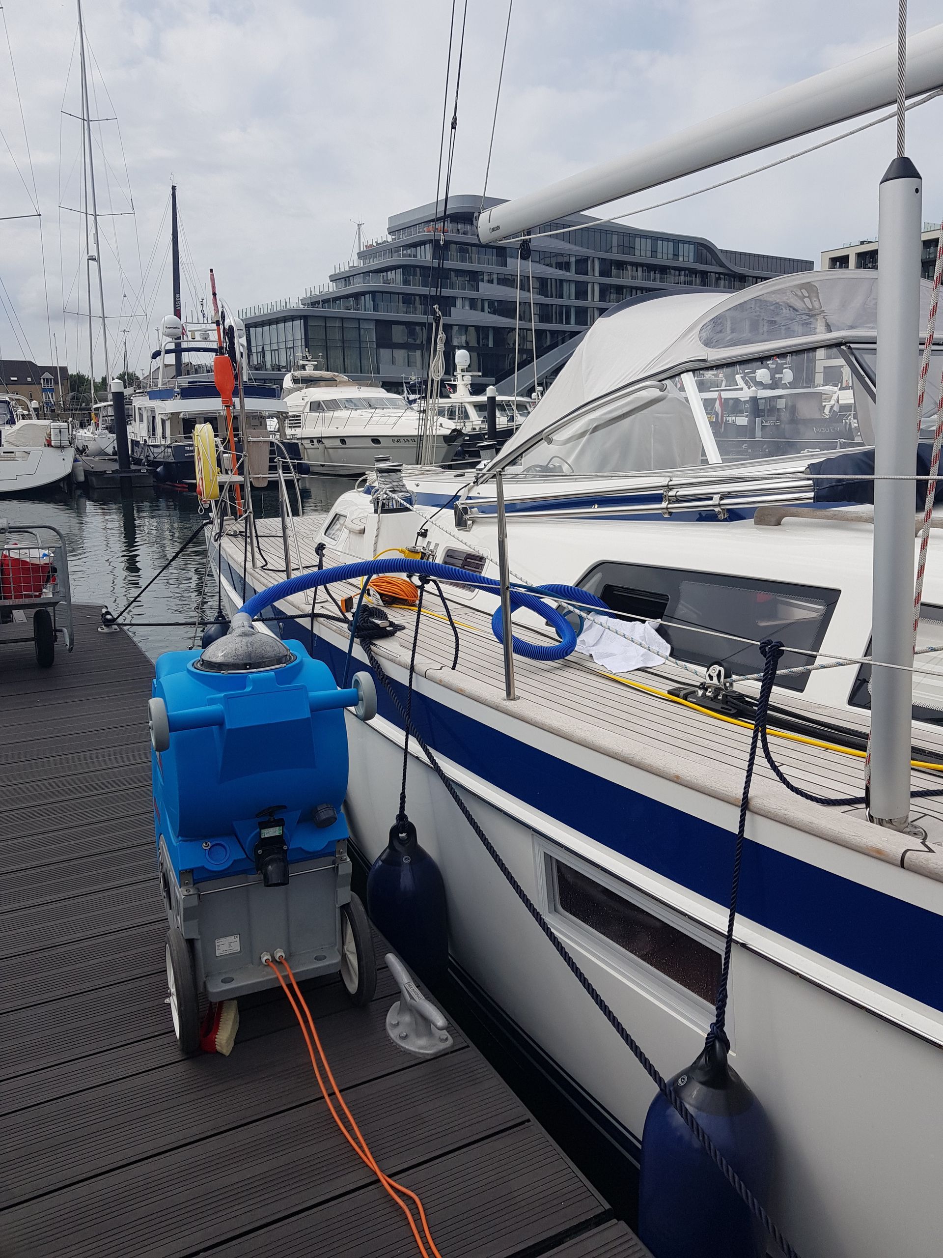 working on yacht to restore wood and stone