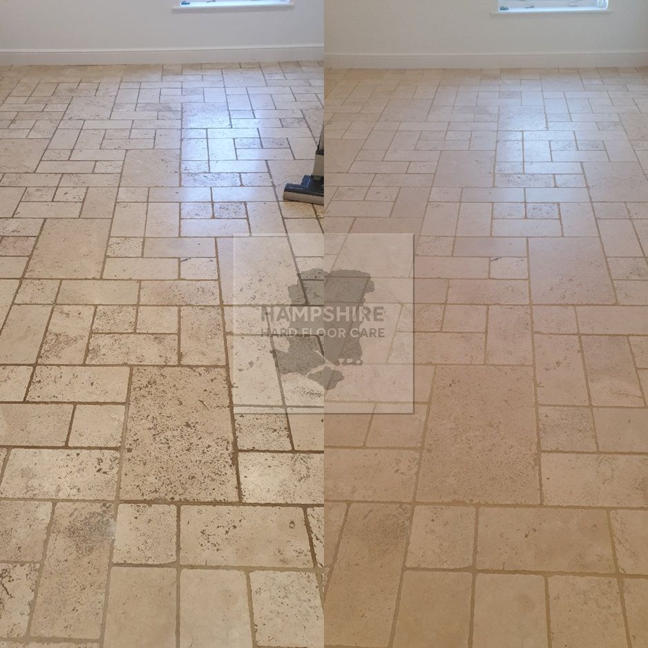 Travertine kitchen floor in Hampshire cleaned and sealed for easier maintenance