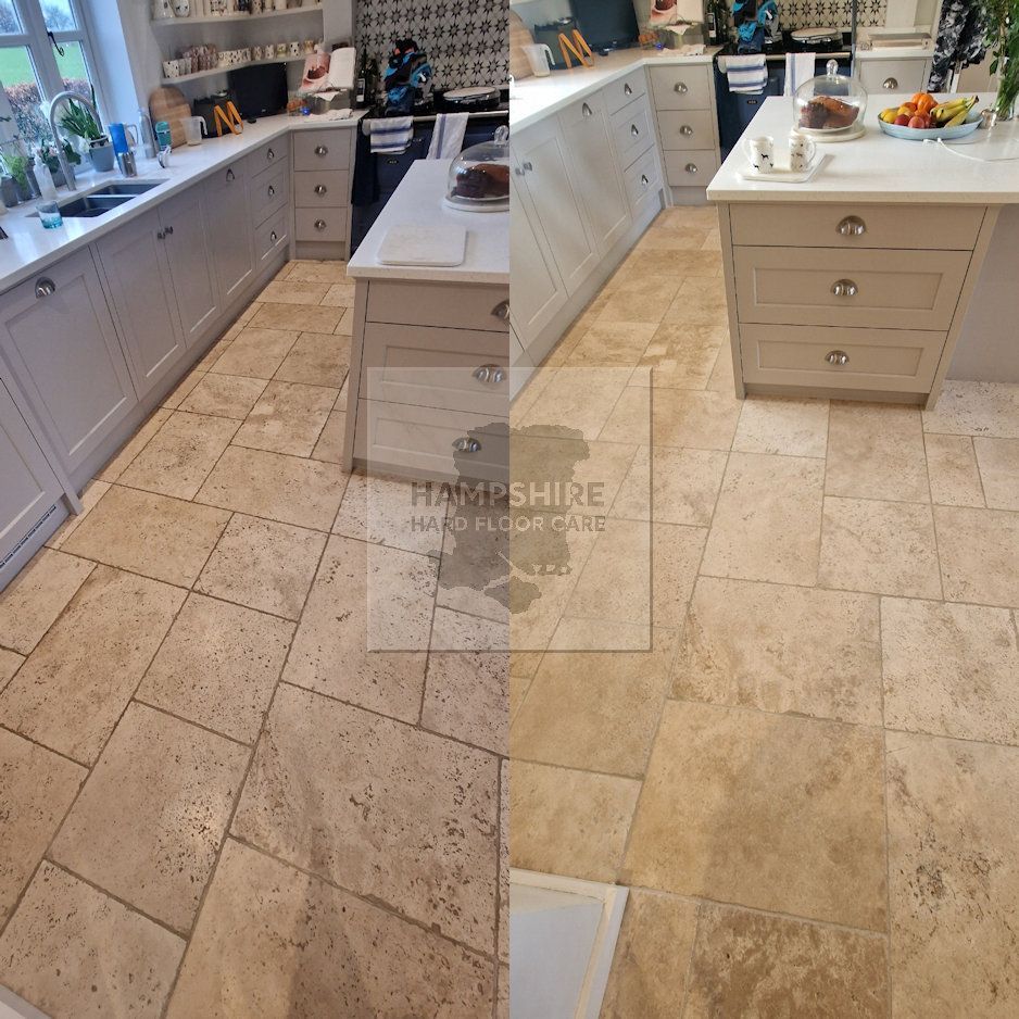 Comparison of kitchen floor tiles, showing before and after cleaning, beige stone tiles, kitchen cabinets.