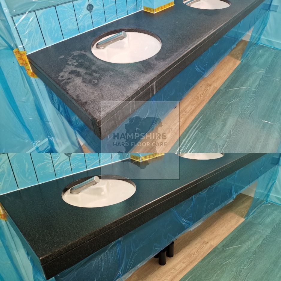 Black countertop with three sinks; before and after cleaning.