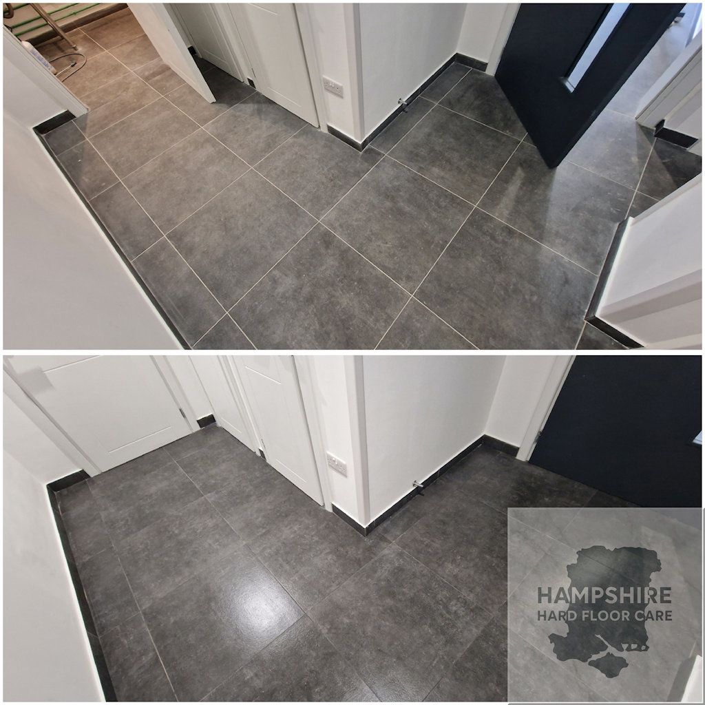 Before and after comparison of ceramic tile and grout restoration