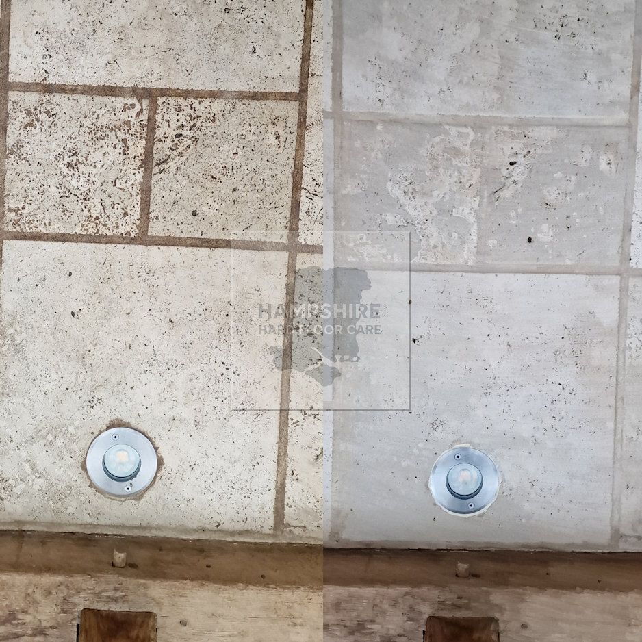 Travertine tiles freshly cleaned in a Southampton kitchen, showing improved brightness
