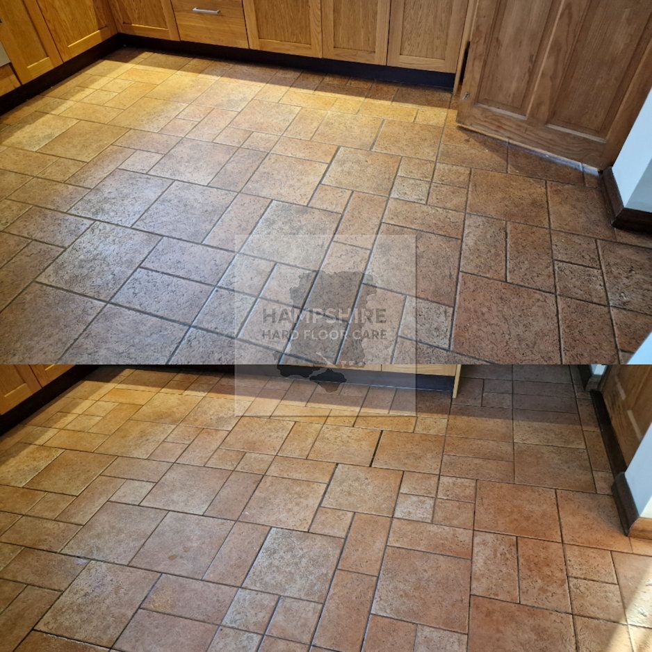Grout lines on ceramic floor brightened after specialist restoration