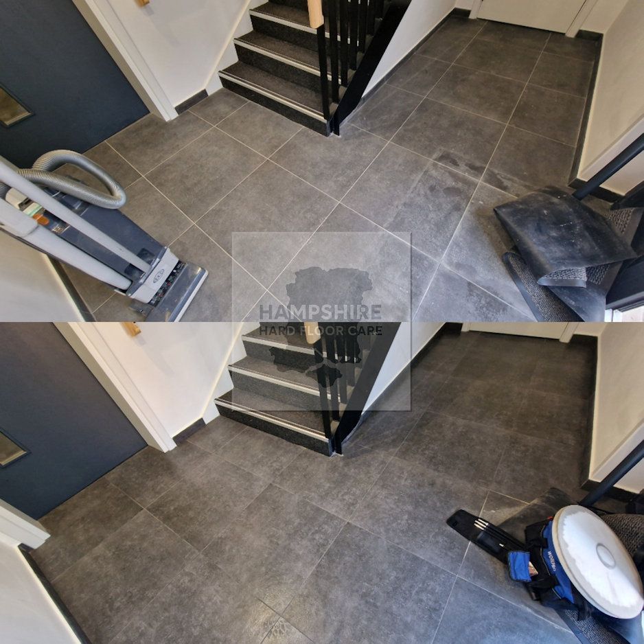 Two images side-by-side: floor cleaning in entryway with dark gray tiles. One side, cleaner; the other, cleaning in progress.