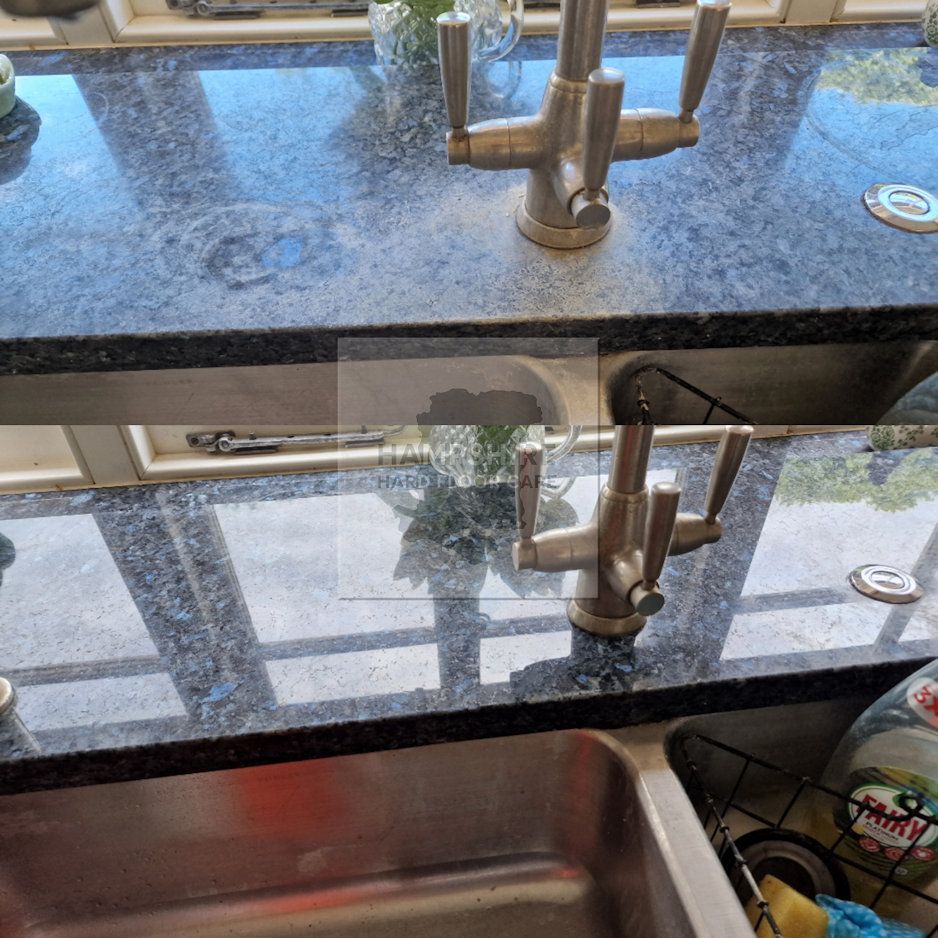 Restored granite surface with enhanced shine after professional polishing