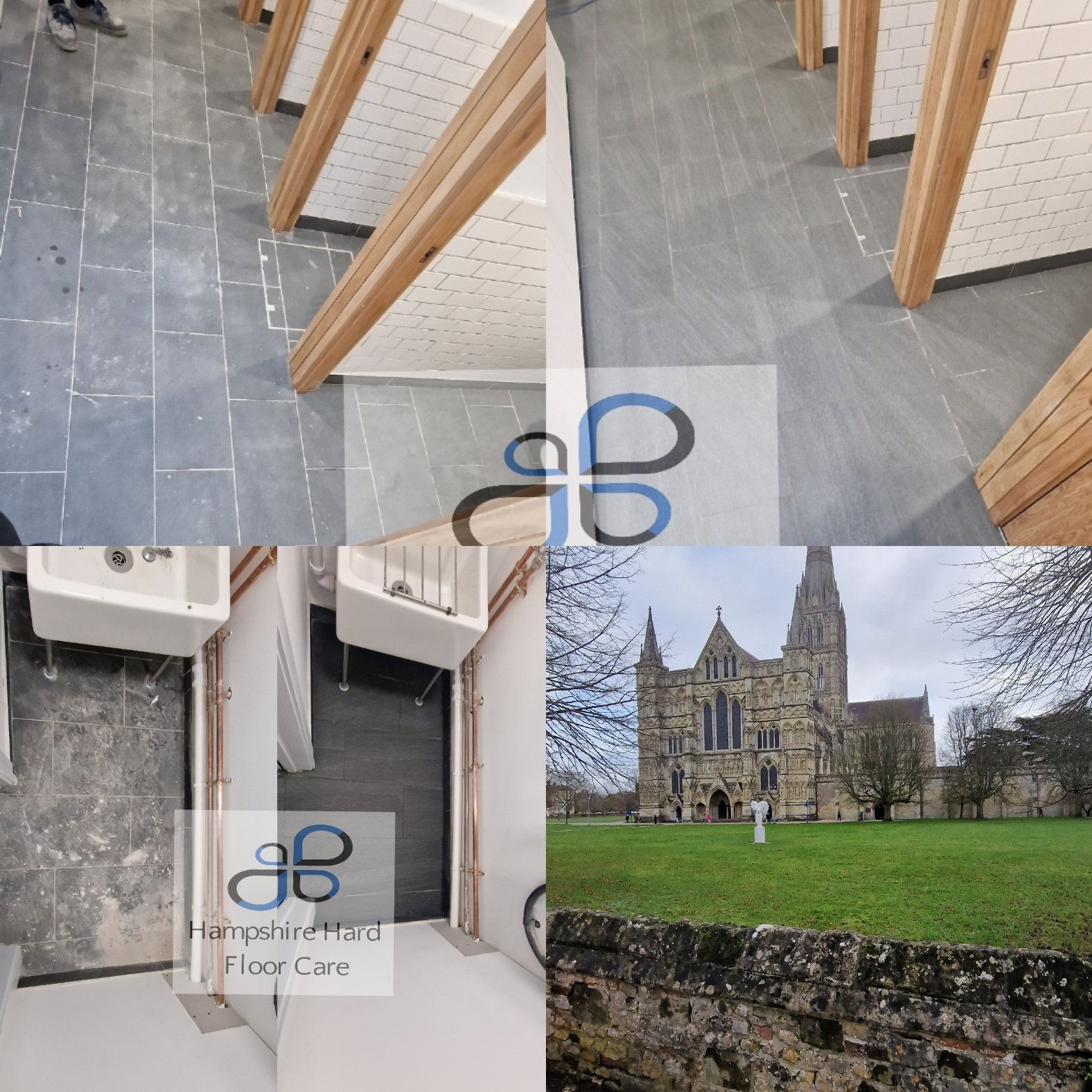 Porcelain tiles with restored grout lines after colour-safe cleaning process