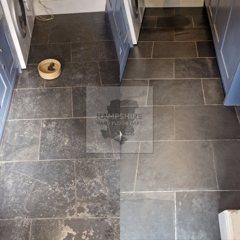 Removing flaking, worn sealers from slate floor prior to restoration