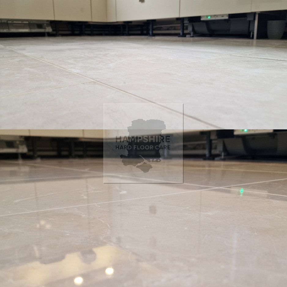 Close-up of polished marble reflecting light after professional restoration