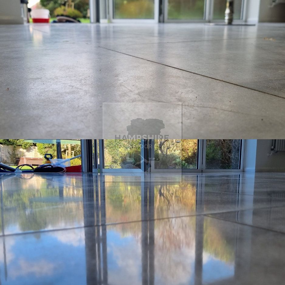 Marble floor before polishing showing scratches and dull traffic-worn areas