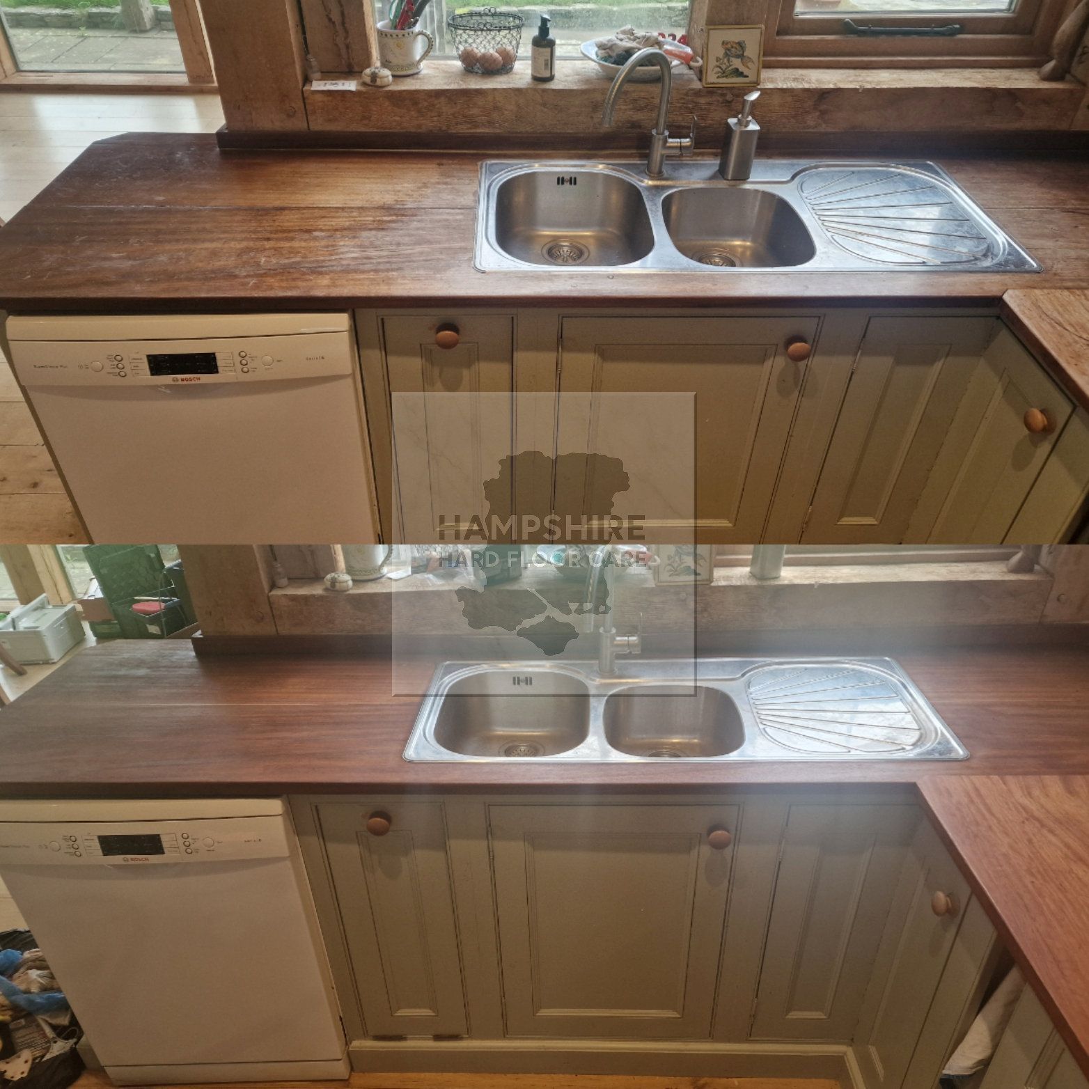 Wood countertop being sanded to remove old coatings and surface damage