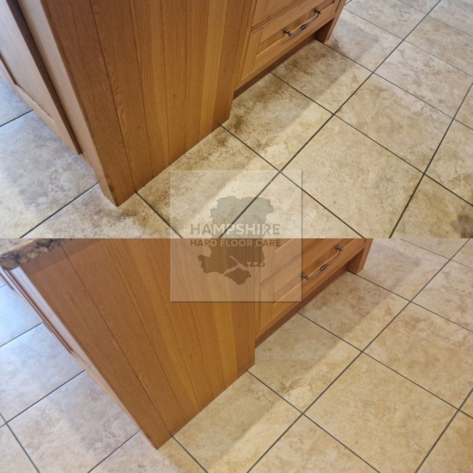 Machine agitation removing ingrained dirt from textured porcelain tiles