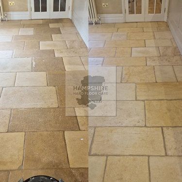 Restored limestone floor with a smooth, refined finish after diamond honing