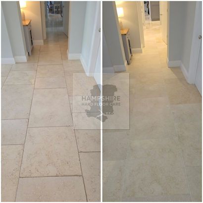 Limestone floor before deep cleaning showing embedded dirt and dull patches