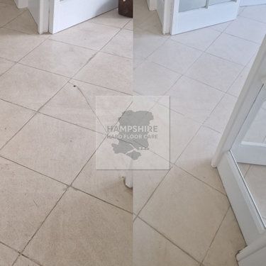 Before and after comparison of professional limestone floor restoration