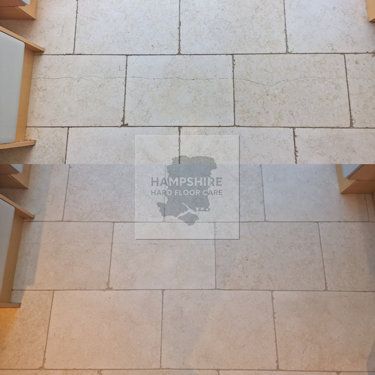 Limestone tiles freshly cleaned in a Hampshire country home kitchen
