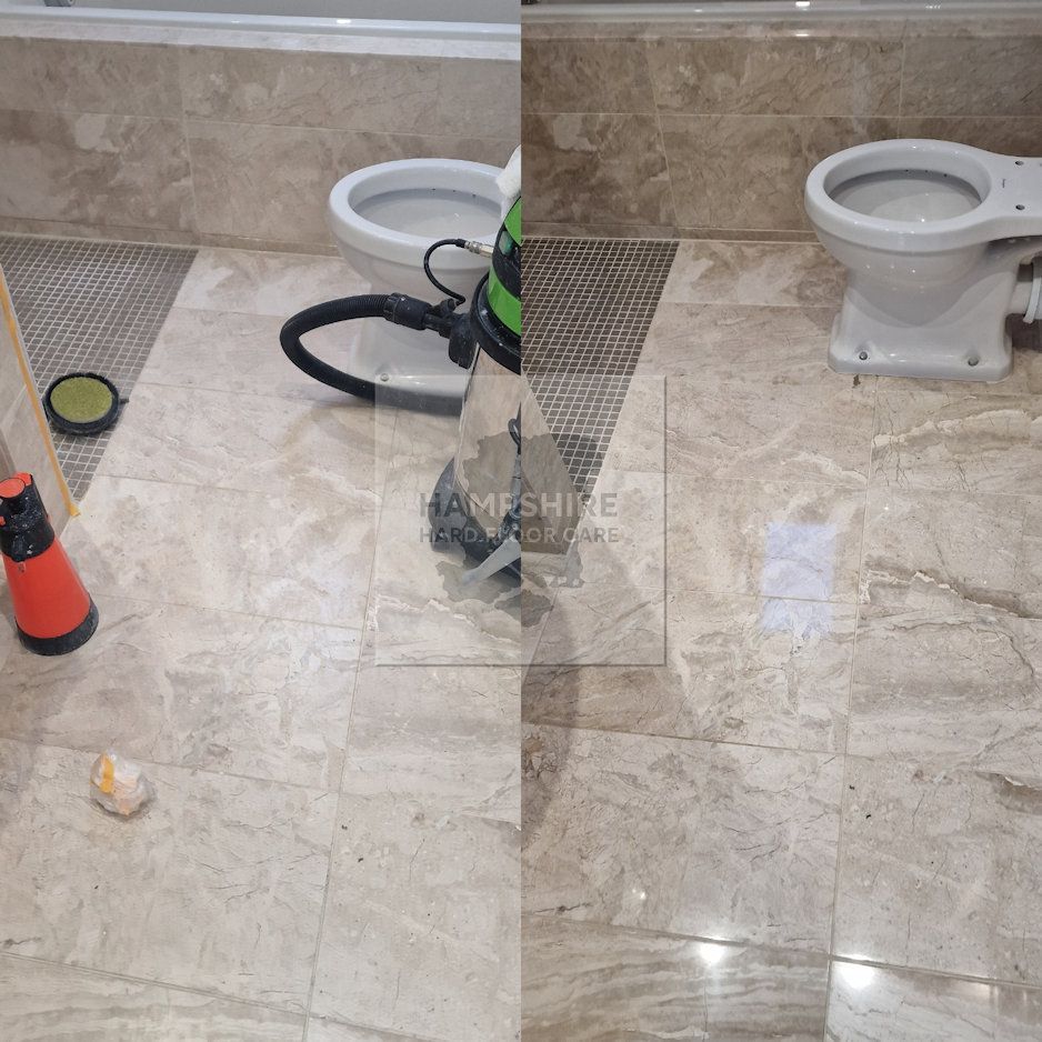 Marble tiles being mechanically honed to remove etching and surface damage