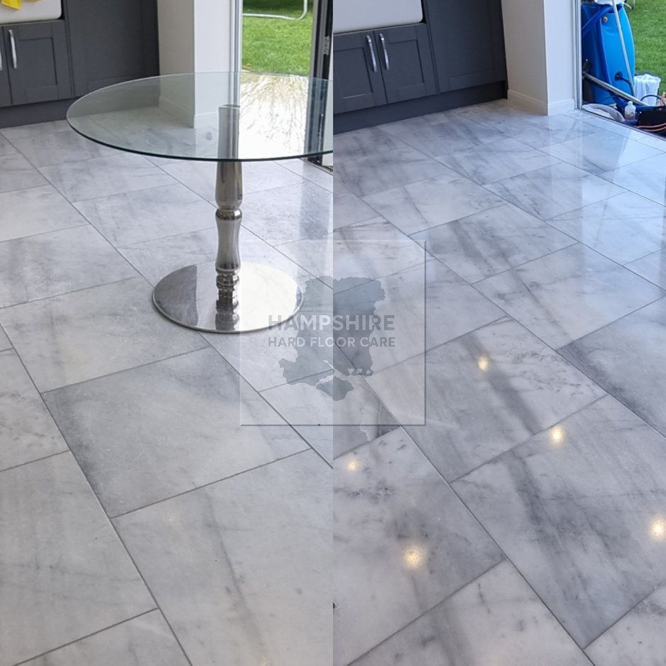 Polished marble tiles in a Hampshire home showing enhanced natural colour