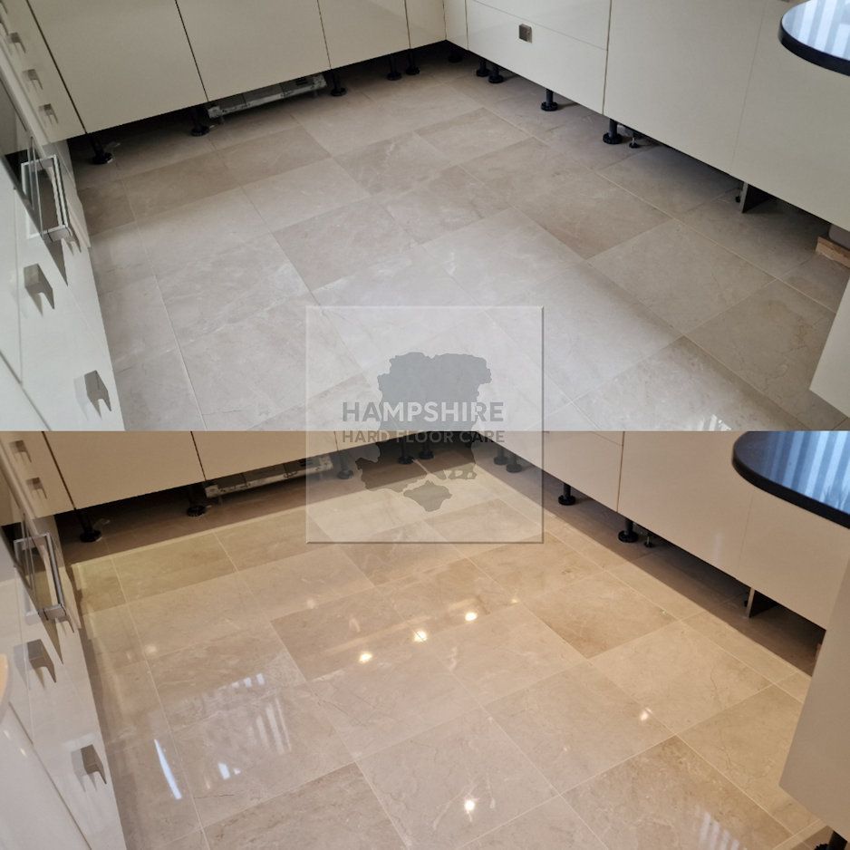 Before and after comparison of marble floor deep clean and polish