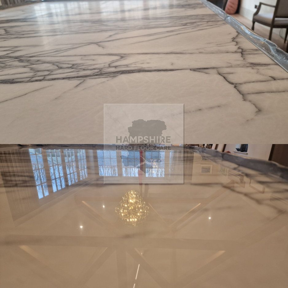 Before and after marble worktop restoration showing improved clarity and shine