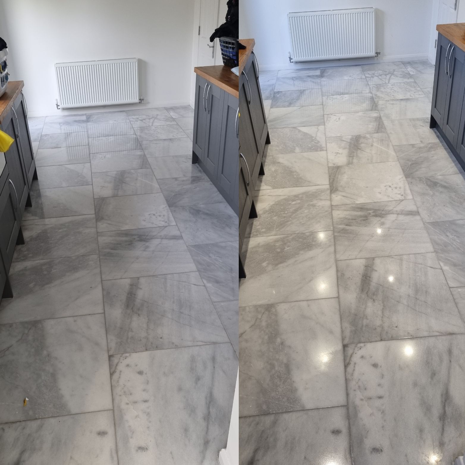 Calacatta marble floor restored to high gloss after multi-step polishing