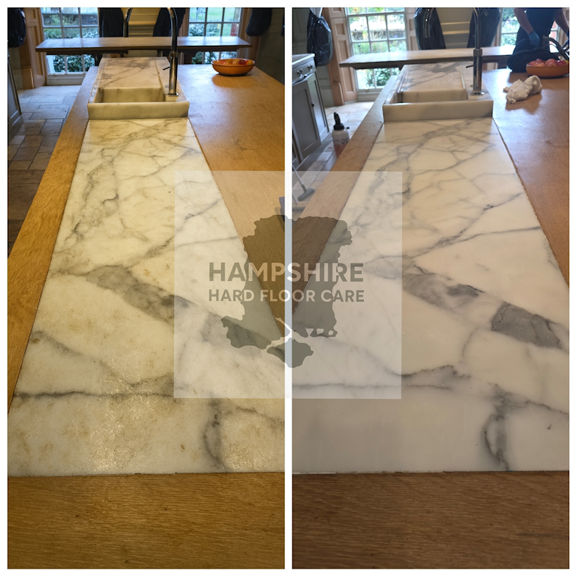Before and after marble worktop restoration showing improved clarity