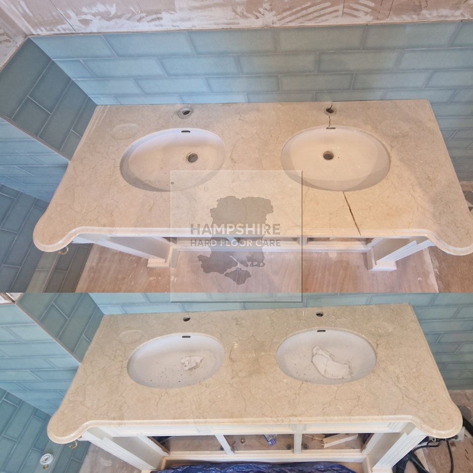 Two views of a light beige marble countertop with two oval sinks. A crack runs through it.